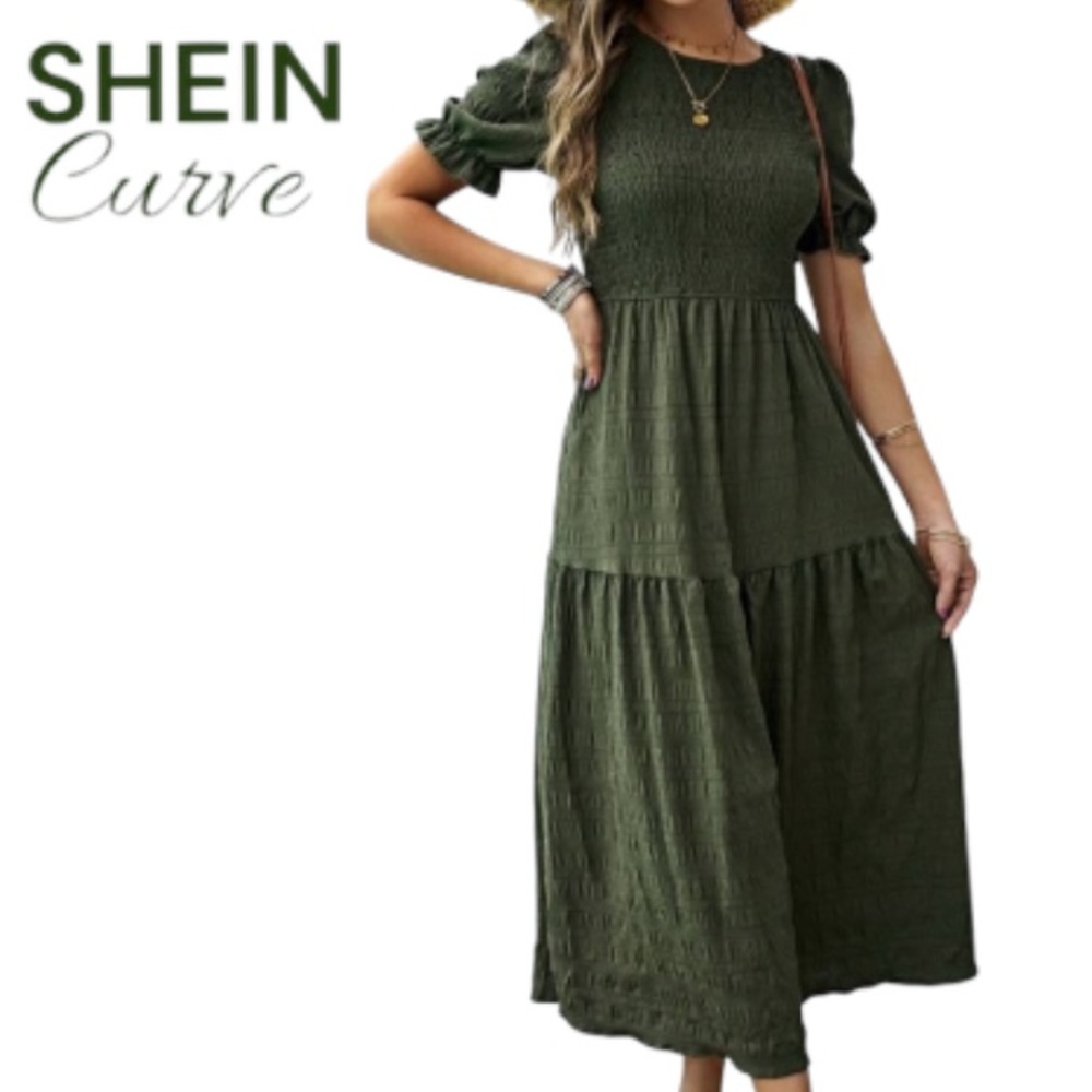 3X SHEIN Khaki Ruched-Stitch Bodice Dress, A-Line with Tiers